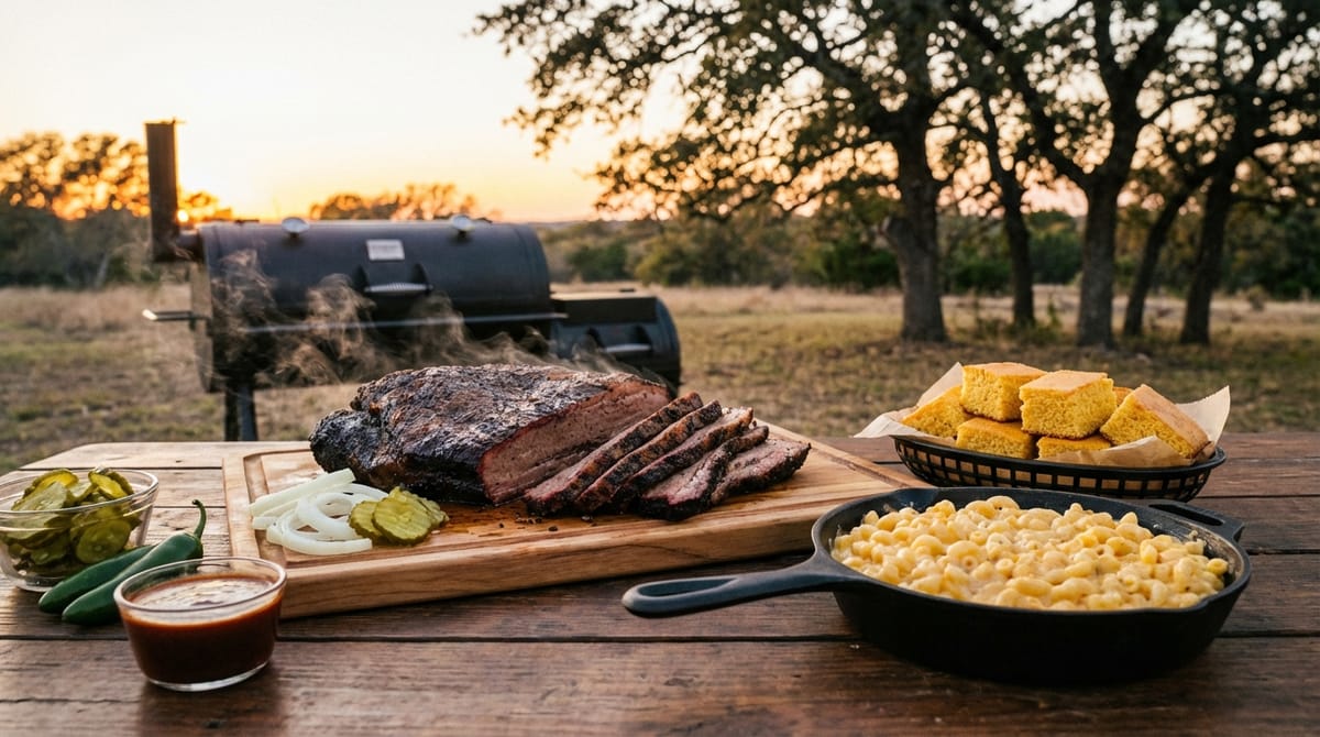 Texas Beef Brisket with Mac and Cheese and Cornbread