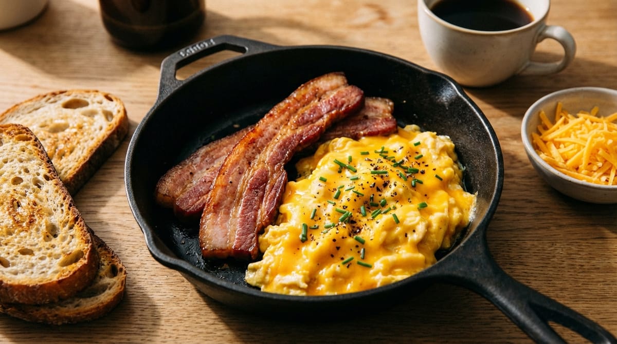 Thick-Cut Bacon and Cheddar Scrambled Eggs Recipe