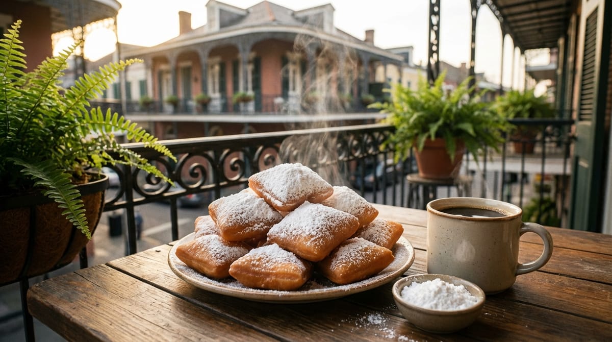 New Orleans Beignets with Powdered Sugar and Chicory Coffee