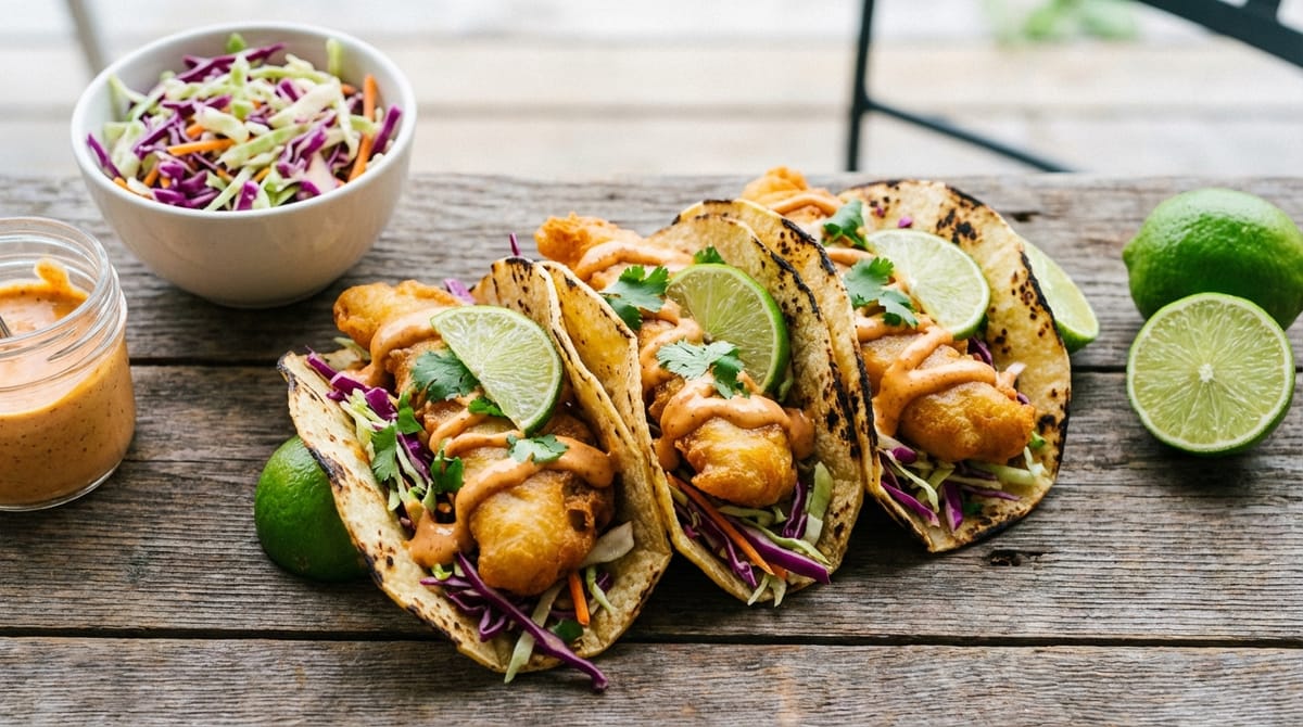 Crispy Fish Tacos with Chipotle Crema and Cabbage Slaw