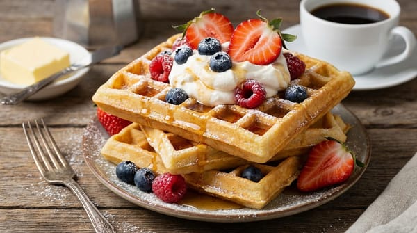 Classic Belgian Waffles with Whipped Cream and Berries