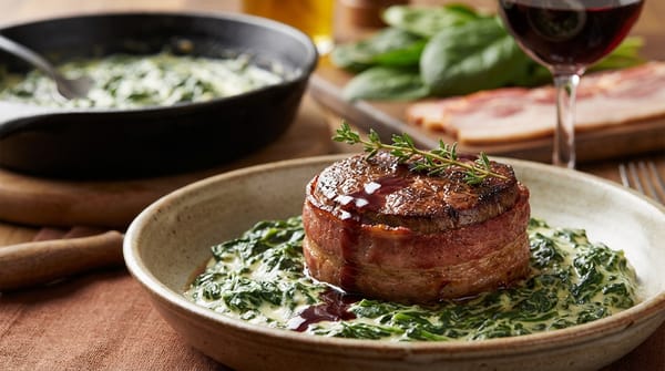 Bacon-Wrapped Filet Mignon with Creamed Spinach