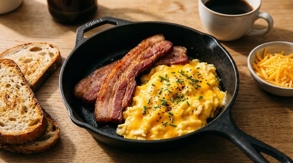 Thick-Cut Bacon and Cheddar Scrambled Eggs Recipe